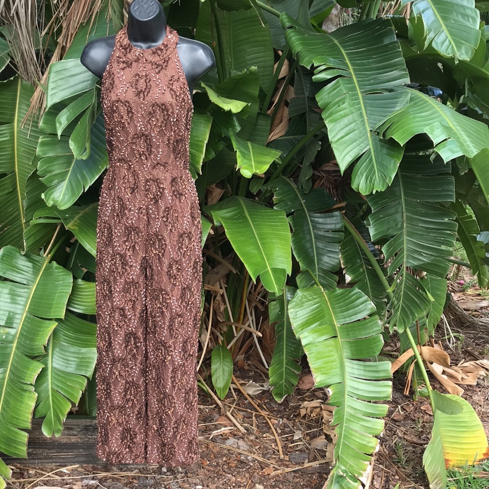 Lace sequin pearl beaded halter jumpsuit